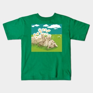 Cute cat with daisies on the prairie Kids T-Shirt